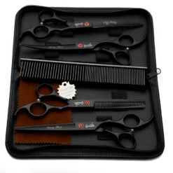 Groomtech Spring Black Pet Grooming Scissors Kit, Set Of 4 With Comb